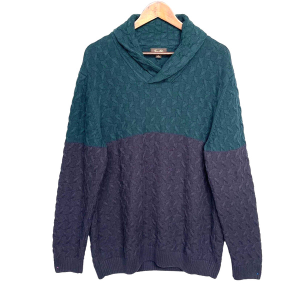 Tasso Elba Monza Pullover Sweater Men Size XL Green Knit Shawl Collar Colorblock - Picture 1 of 11